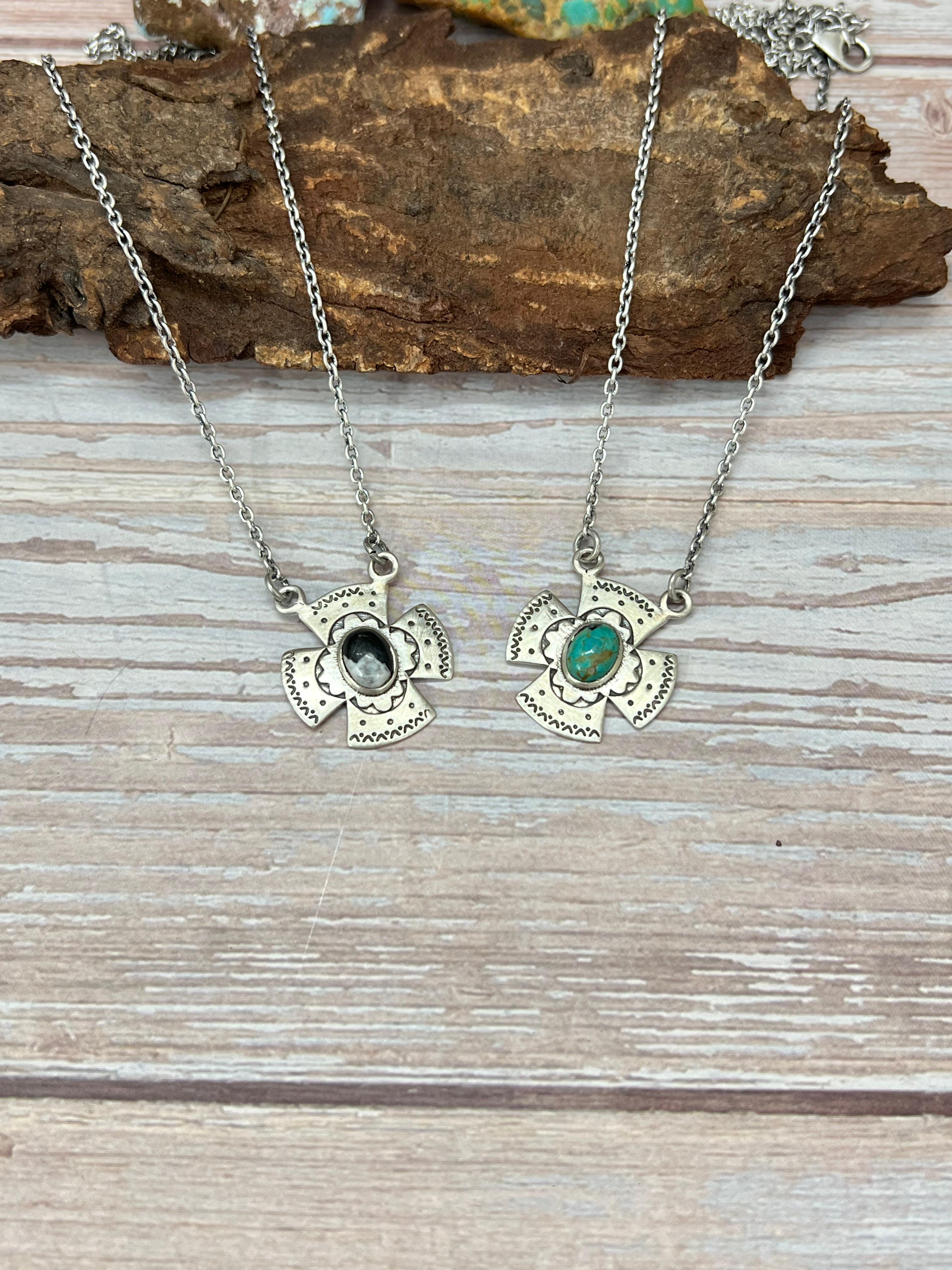 Handmade Sterling Silver Kingman Turquoise, White Buffalo Necklace with Signed Nizhoni